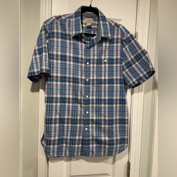 L.L. Bean Men’s Blue Plaid Short Sleeve 100% Cotton Button Down Shirt Size M - Picture 1 of 11